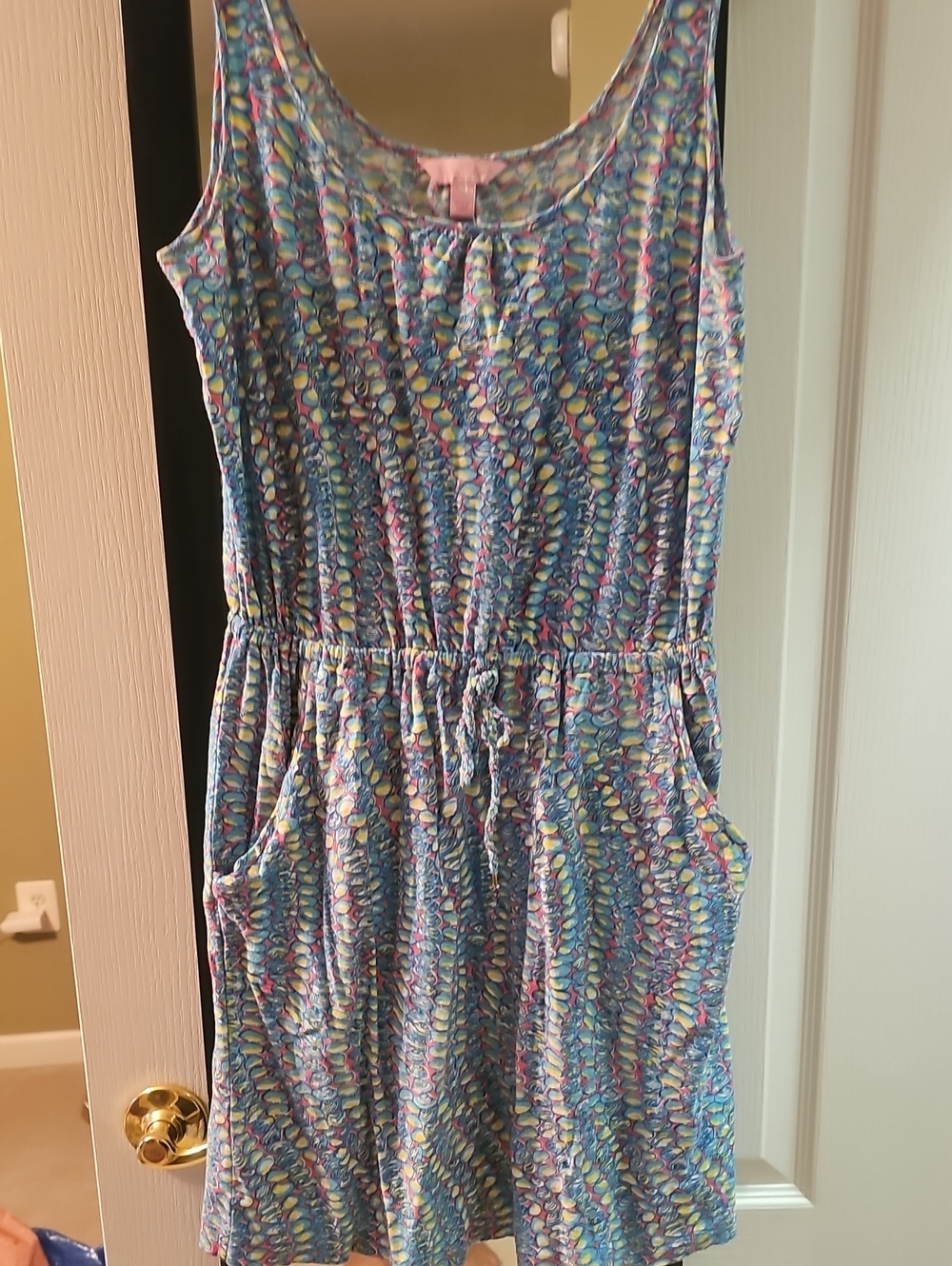 Lilly Pulitzer Blue Shell Patterned Sleeveless Dress Pockets Elastic Waist MED